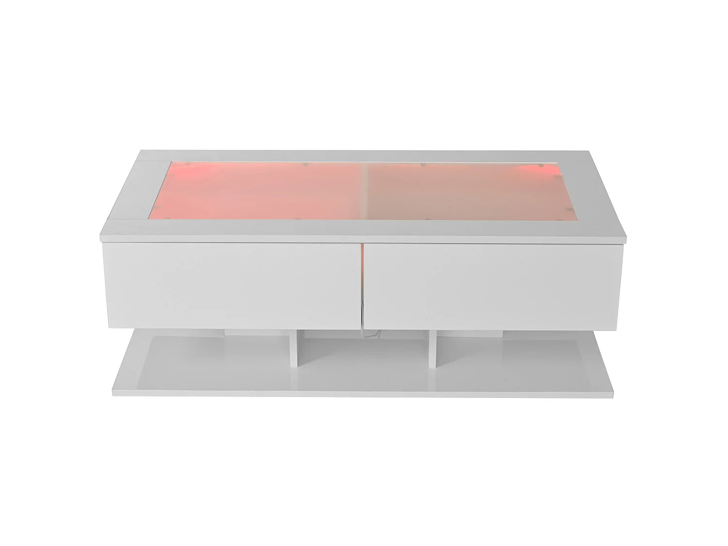 Mesa de centro em aglomerado branco brilhante e vidro temperado, 100 x 50 x 35 cm, com 2 gavetas e LED