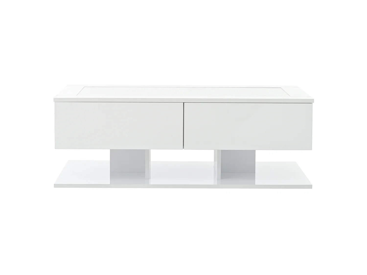 Mesa de centro em aglomerado branco brilhante e vidro temperado, 100 x 50 x 35 cm, com 2 gavetas e LED