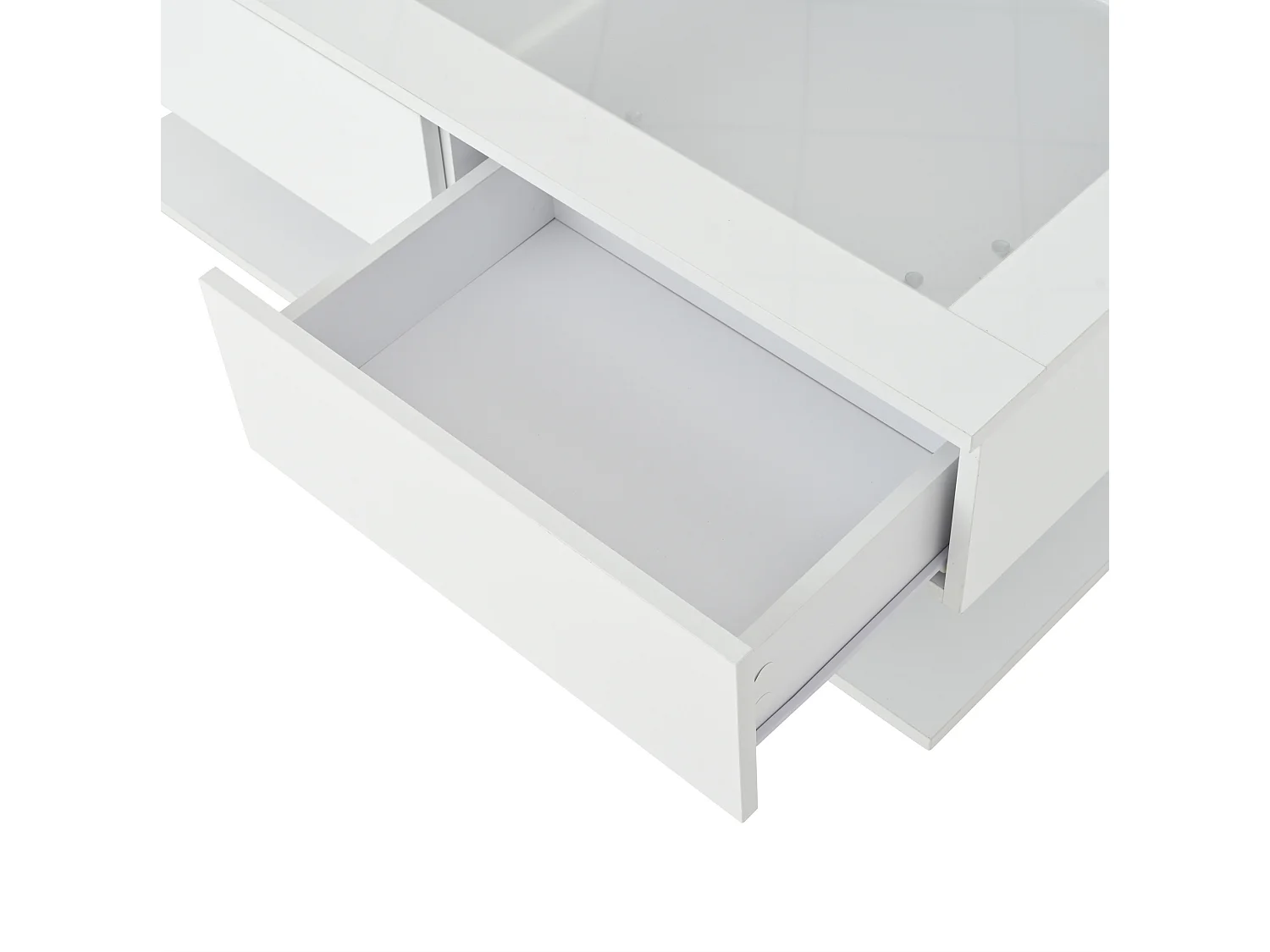 Mesa de centro em aglomerado branco brilhante e vidro temperado, 100 x 50 x 35 cm, com 2 gavetas e LED