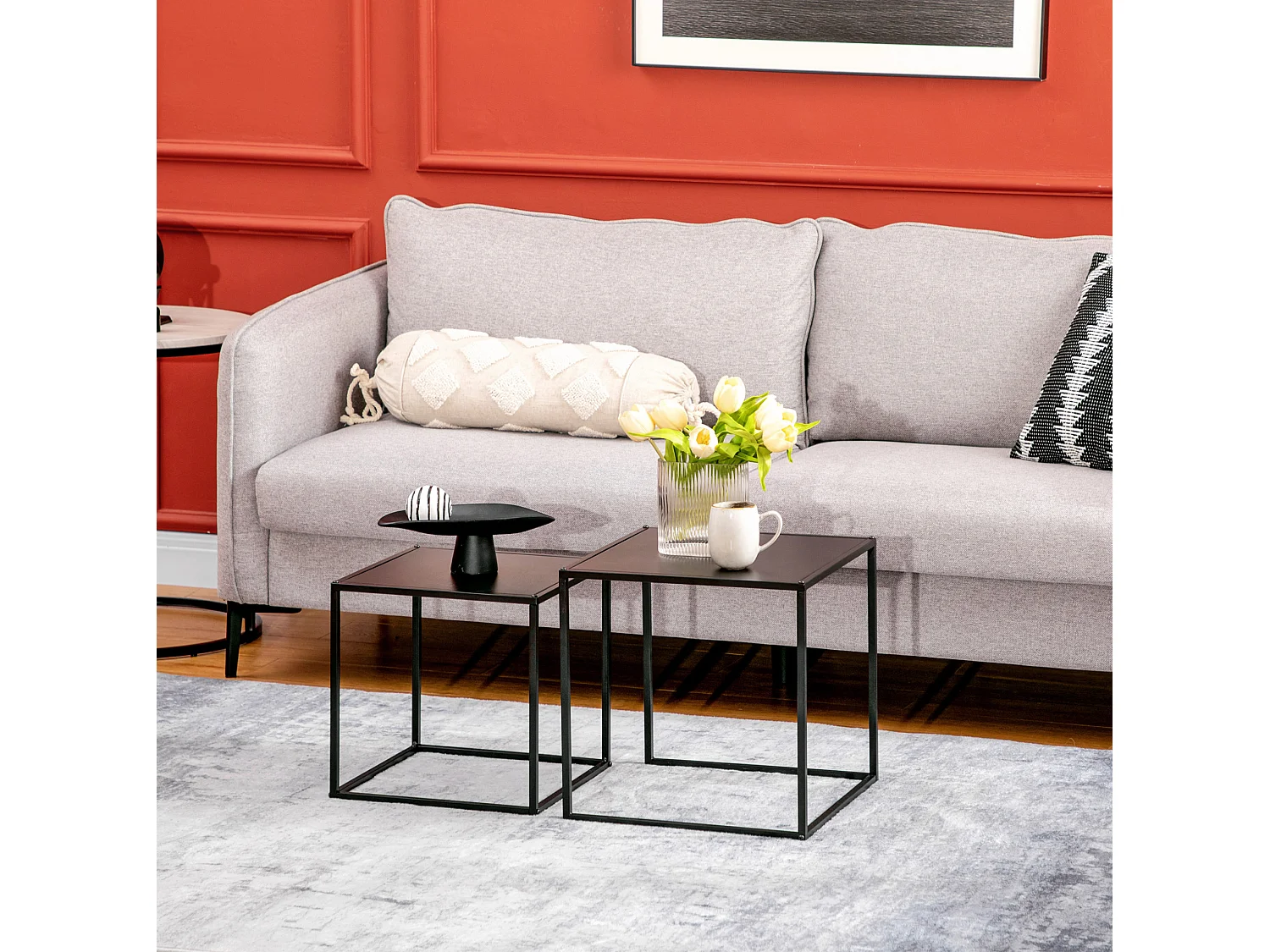 Table basse gigogne 40/40/40 cm et 35/35/35 cm avec design moderne Acier noir Ensemble 2 pièces