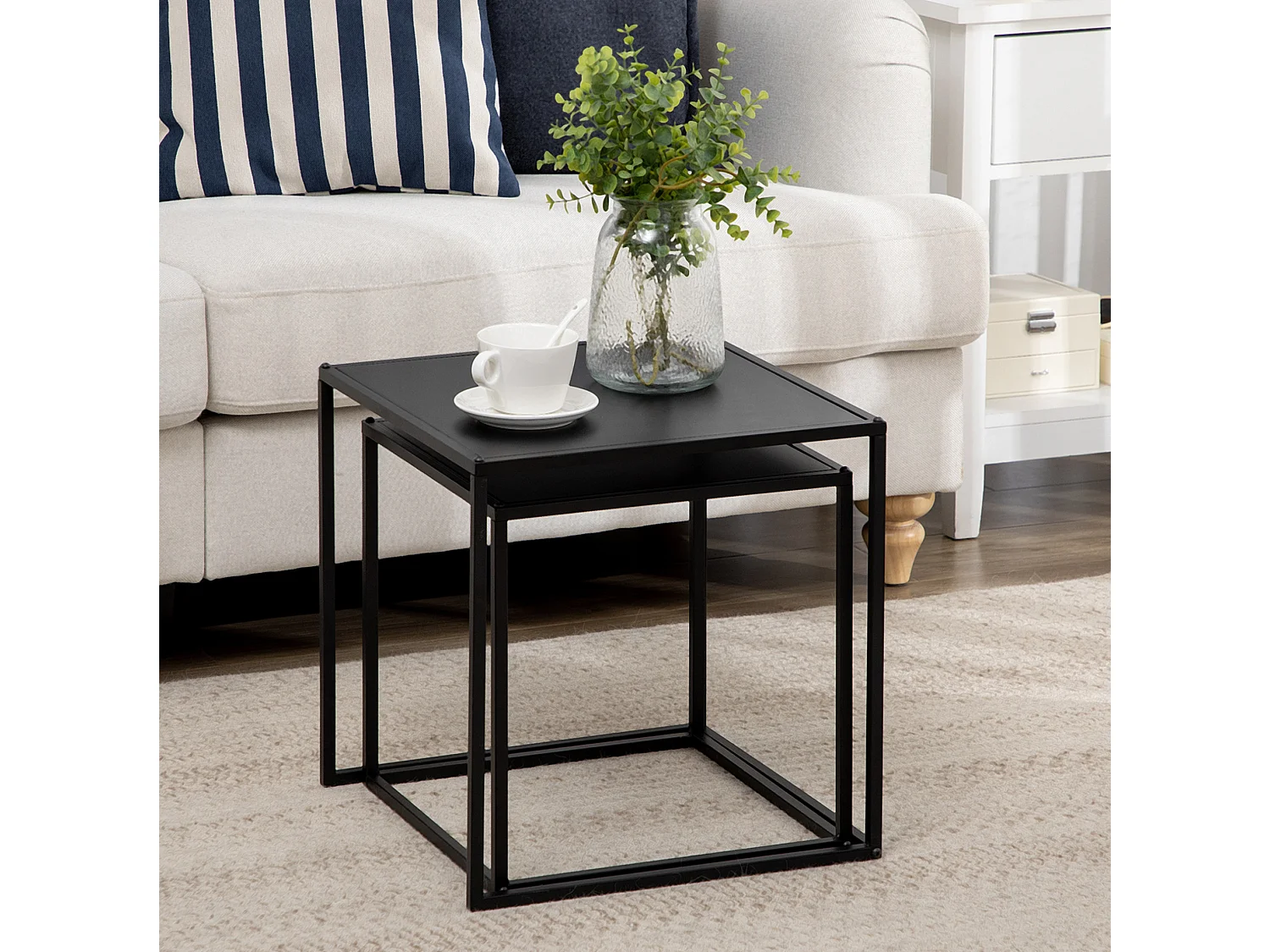 Table basse gigogne 40/40/40 cm et 35/35/35 cm avec design moderne Acier noir Ensemble 2 pièces