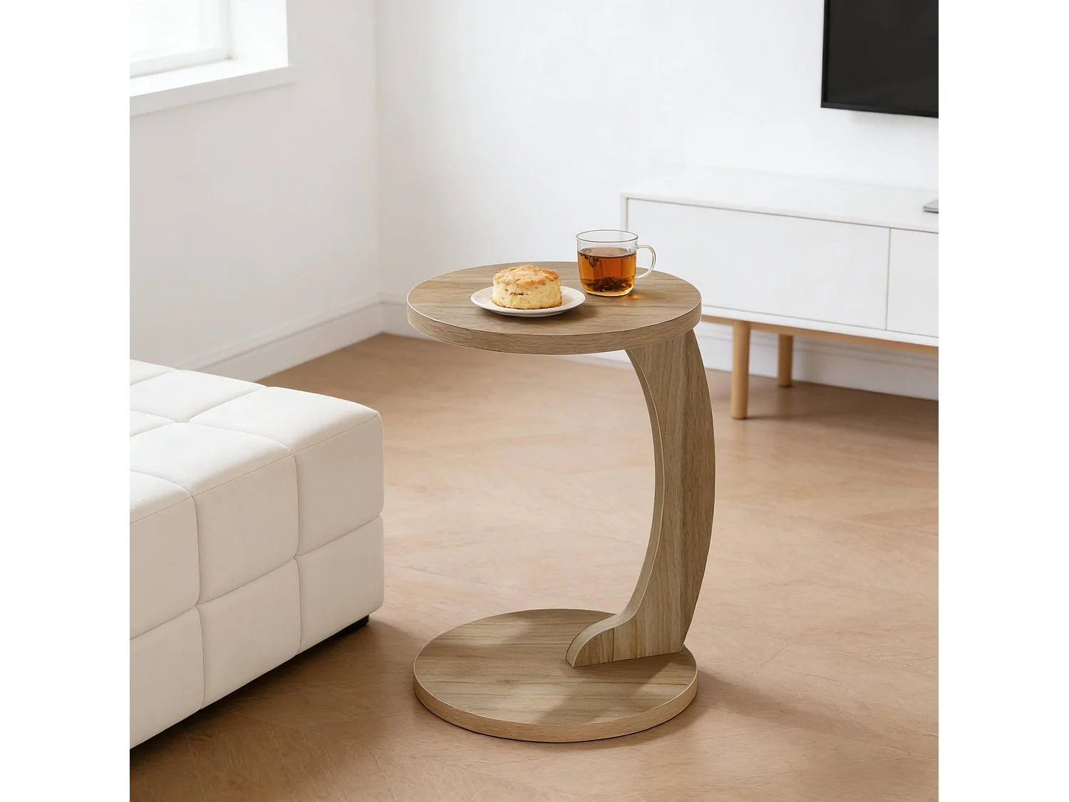 Mesa auxiliar redonda en forma de C de MDF color roble claro, 38 x 55 cm