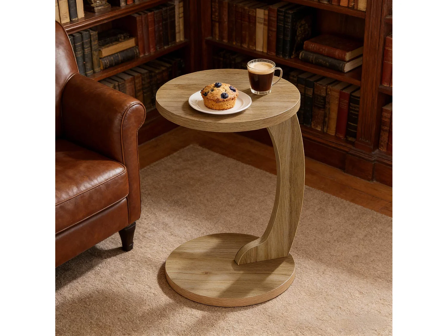 Mesa auxiliar redonda en forma de C de MDF color roble claro, 38 x 55 cm