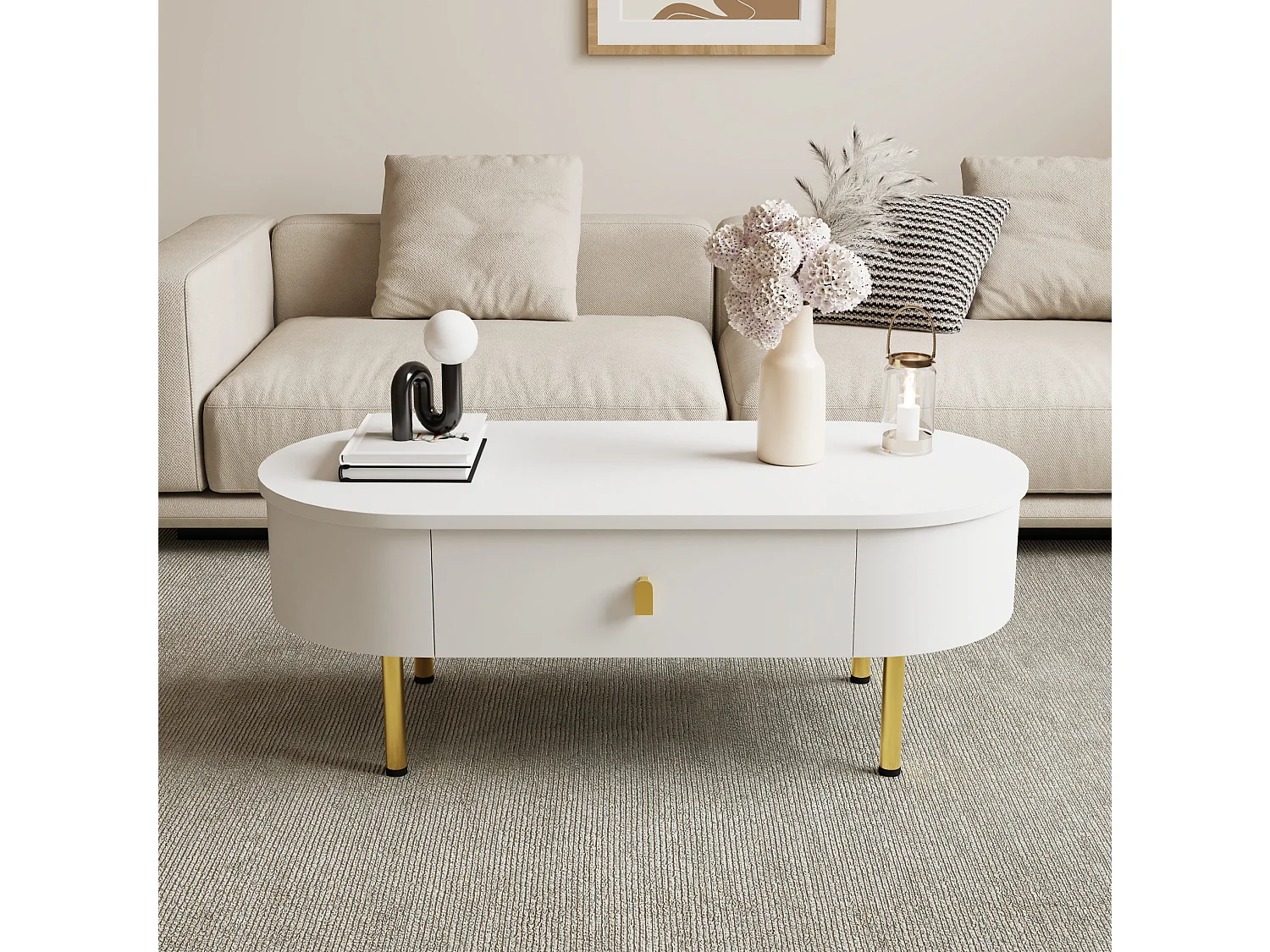 Table basse 108/50/40 cm avec deux tiroirs, bords arrondis, poignées et pieds dorés MDF blanc et doré