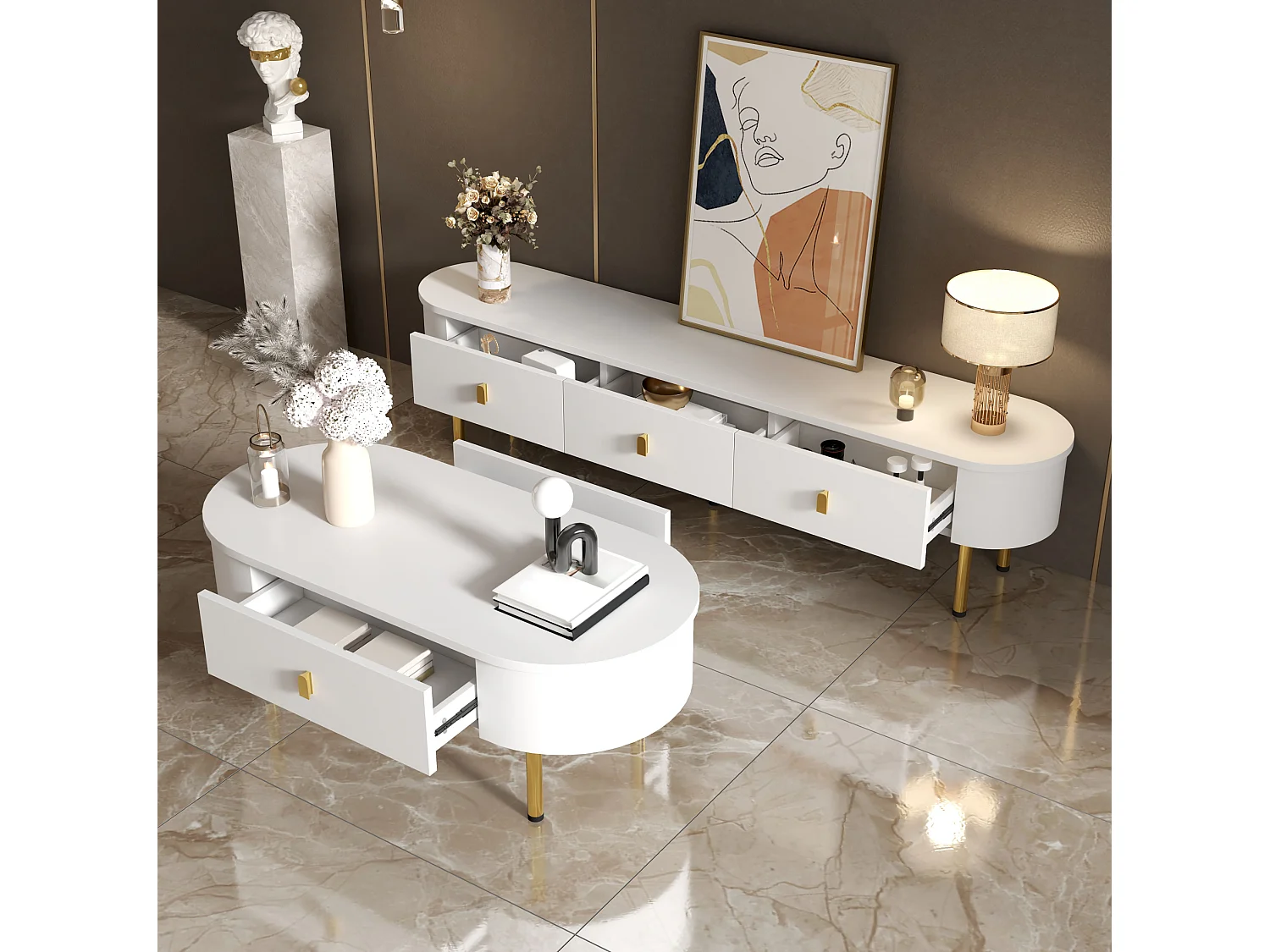 Table basse 108/50/40 cm avec deux tiroirs, bords arrondis, poignées et pieds dorés MDF blanc et doré