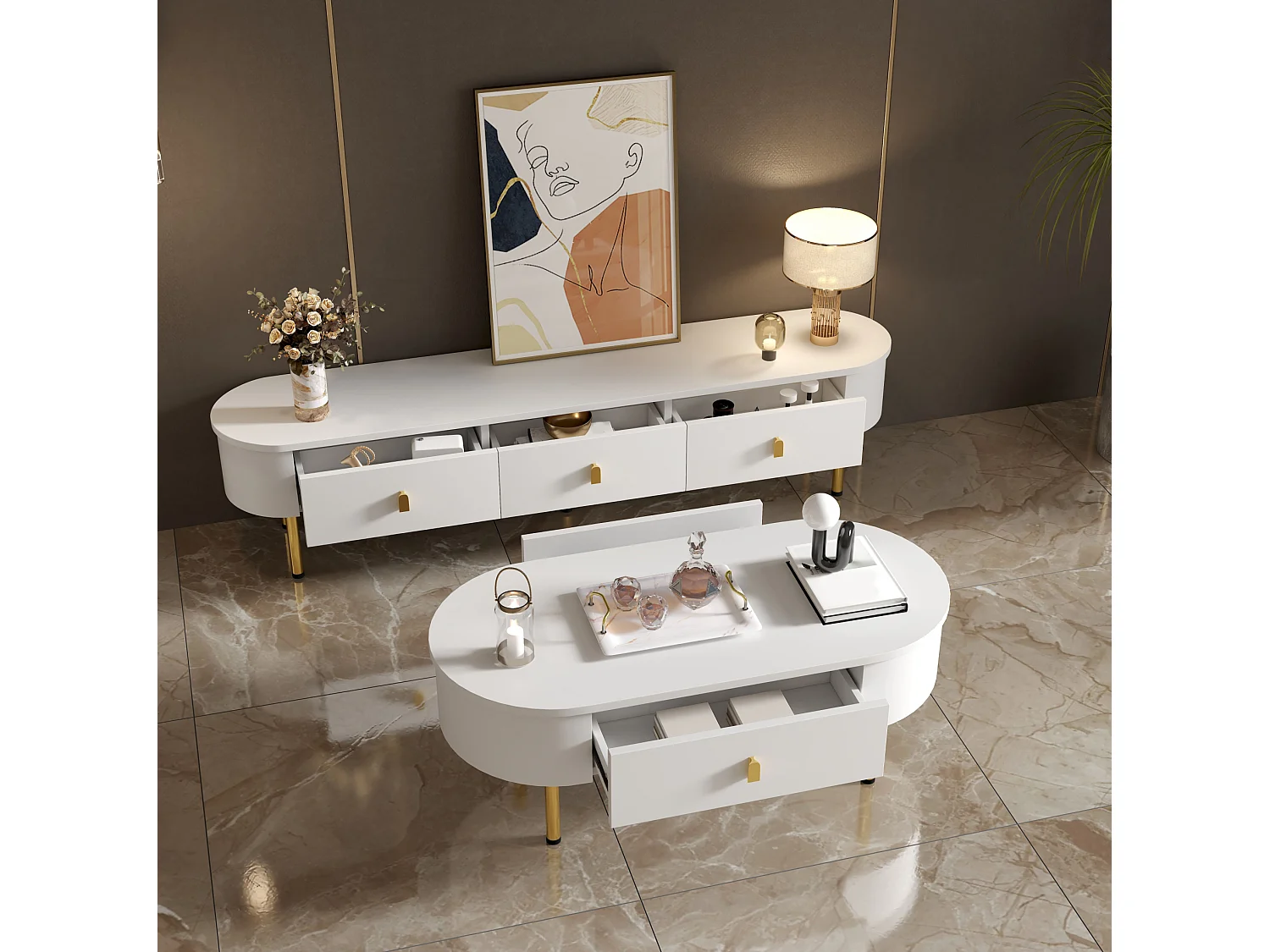 Table basse 108/50/40 cm avec deux tiroirs, bords arrondis, poignées et pieds dorés MDF blanc et doré