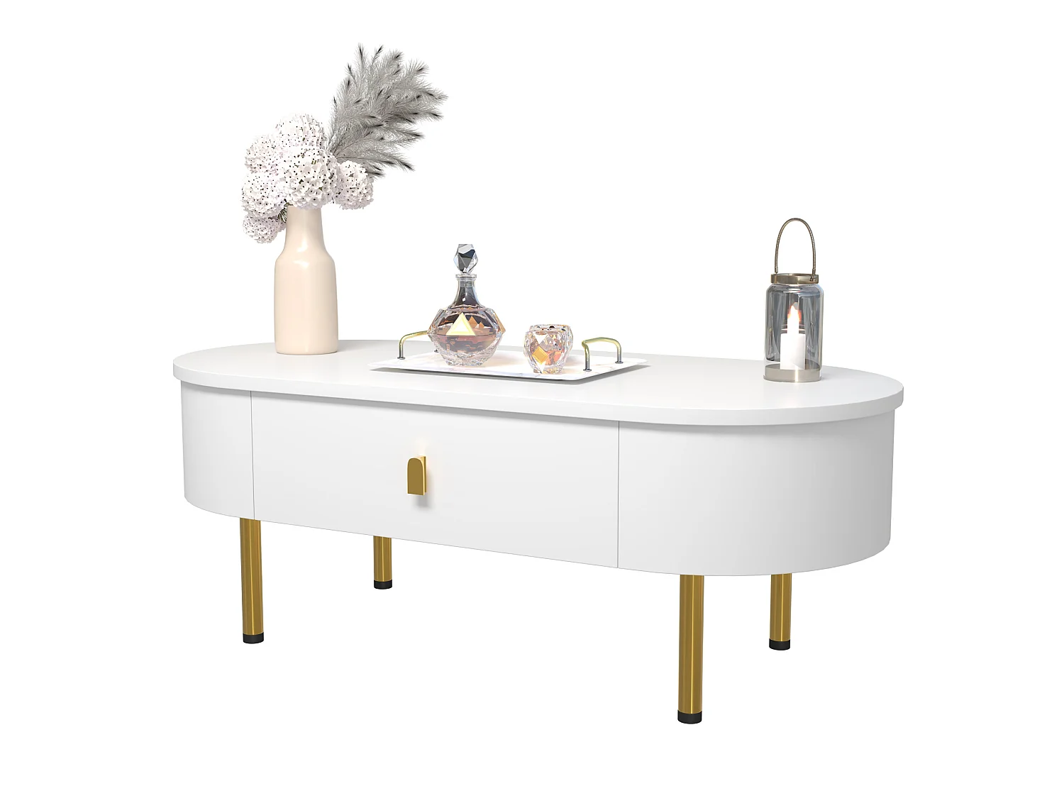 Table basse 108/50/40 cm avec deux tiroirs, bords arrondis, poignées et pieds dorés MDF blanc et doré