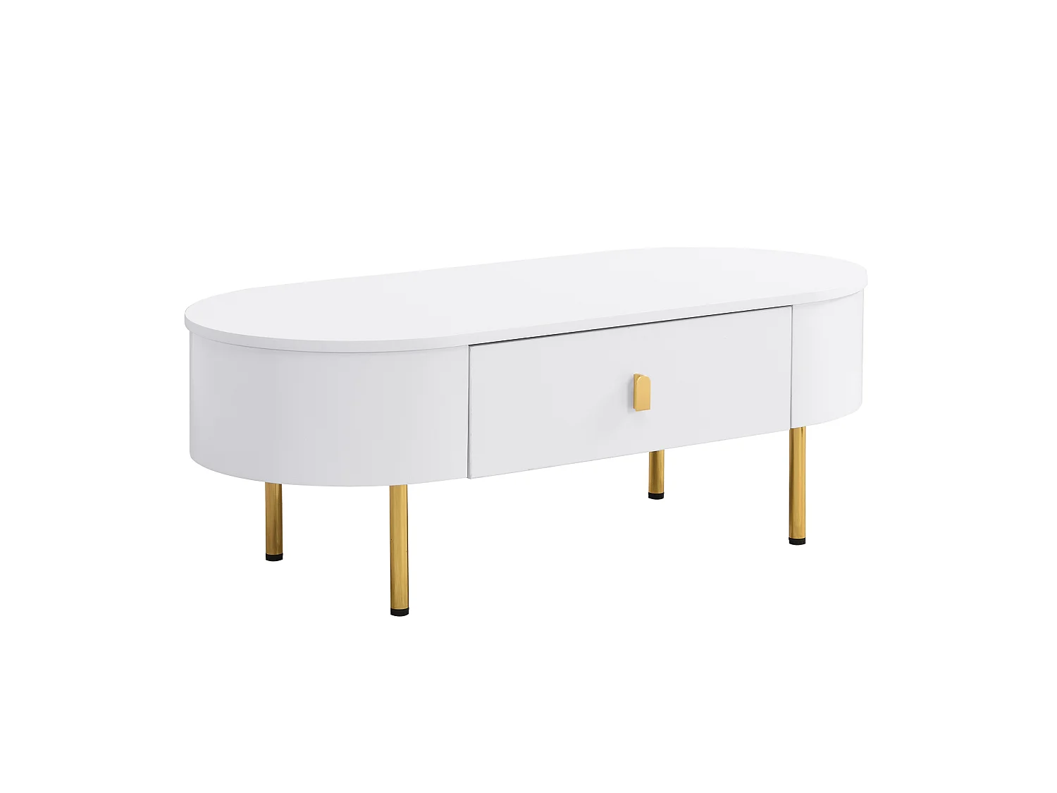 Table basse 108/50/40 cm avec deux tiroirs, bords arrondis, poignées et pieds dorés MDF blanc et doré