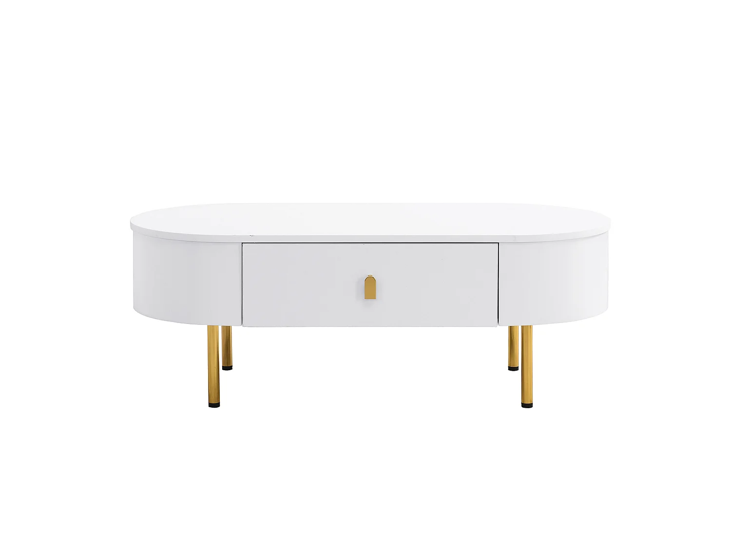 Table basse 108/50/40 cm avec deux tiroirs, bords arrondis, poignées et pieds dorés MDF blanc et doré