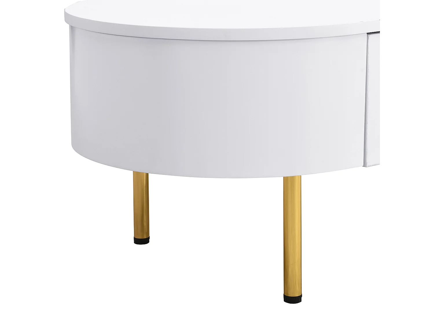 Table basse 108/50/40 cm avec deux tiroirs, bords arrondis, poignées et pieds dorés MDF blanc et doré
