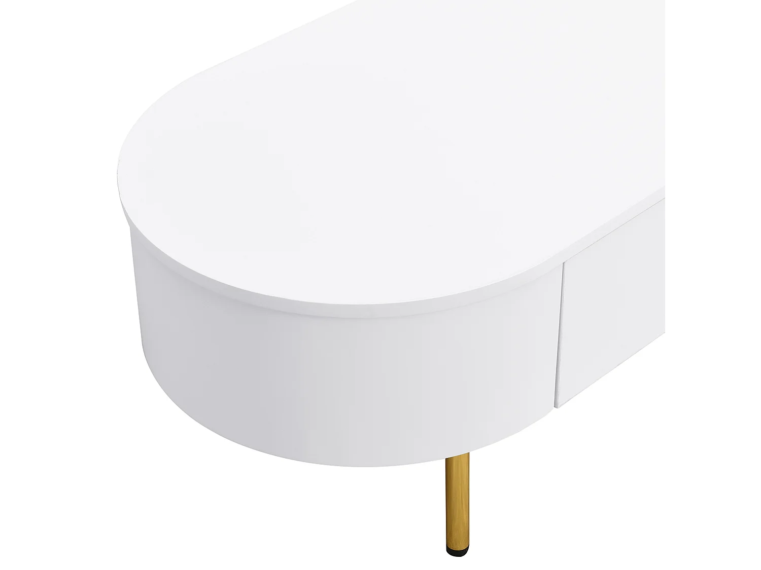 Table basse 108/50/40 cm avec deux tiroirs, bords arrondis, poignées et pieds dorés MDF blanc et doré