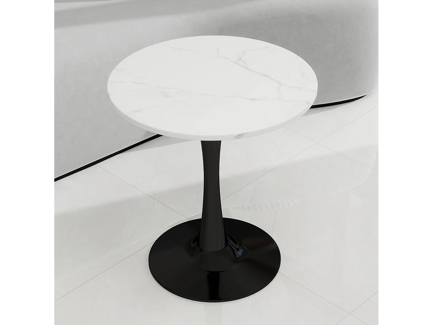 Table basse ronde avec plateau effet marbre noir et blanc