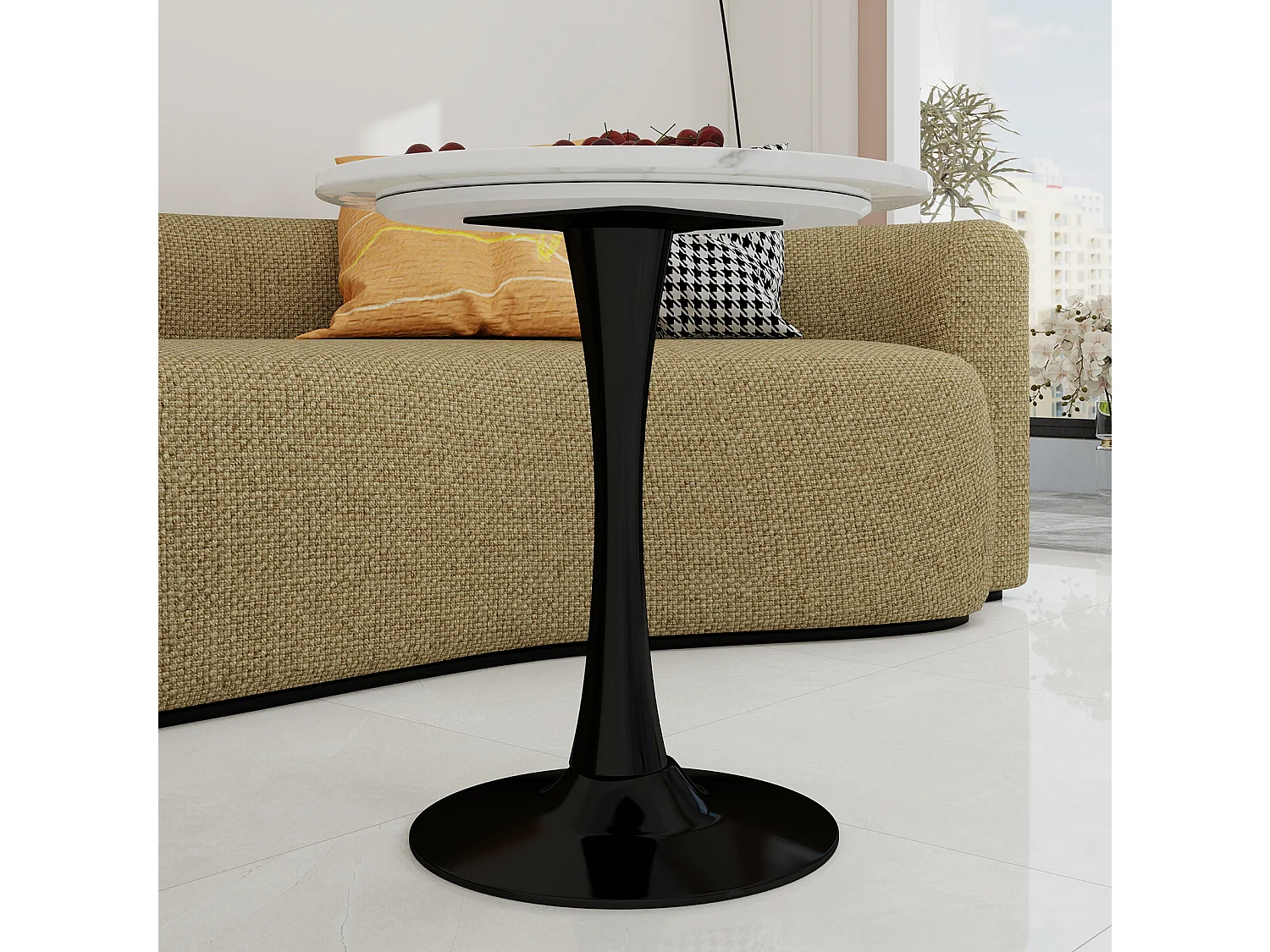 Table basse ronde avec plateau effet marbre noir et blanc