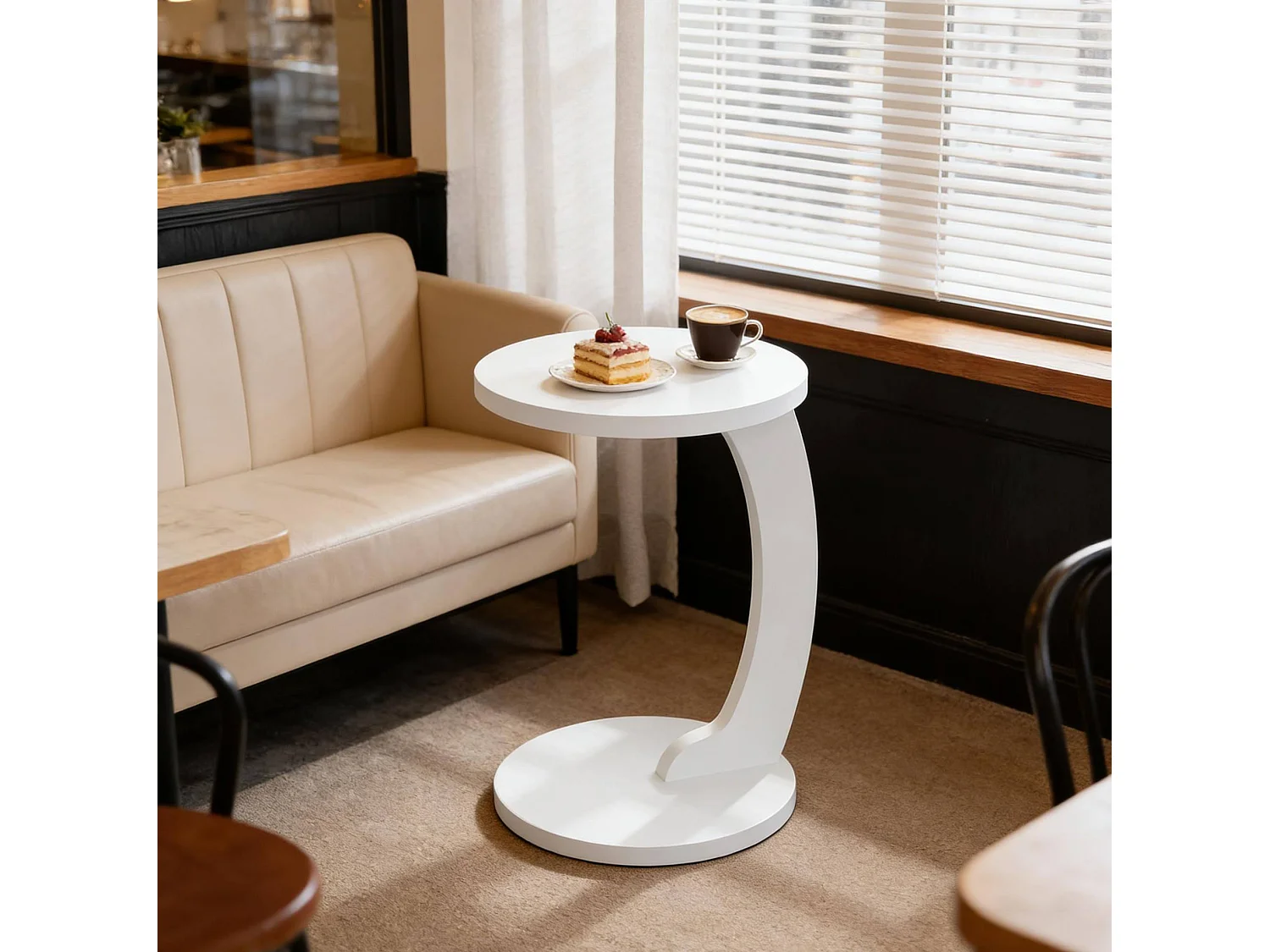 Mesa auxiliar redonda en forma de C de MDF blanco, 38 x 55 cm