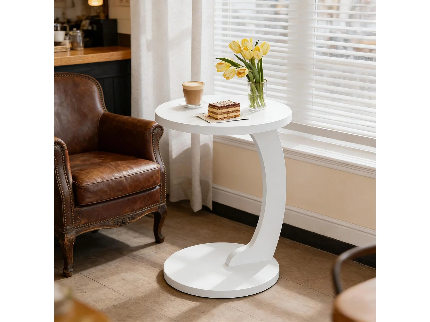 Mesa auxiliar redonda en forma de C de MDF blanco, 38 x 55 cm