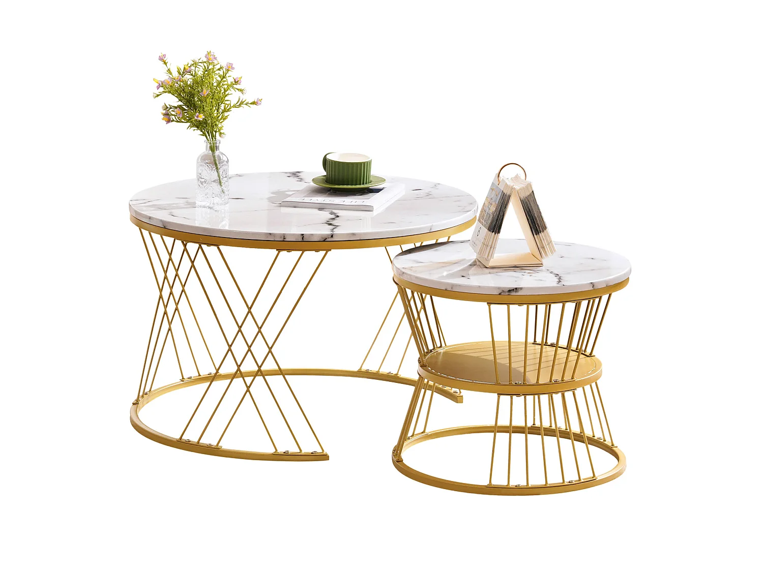 Table basse gigogne 70/70/47 cm et 45/45/40 cm avec aspect marbre blanc et cadre doré Ensemble 2 pièces