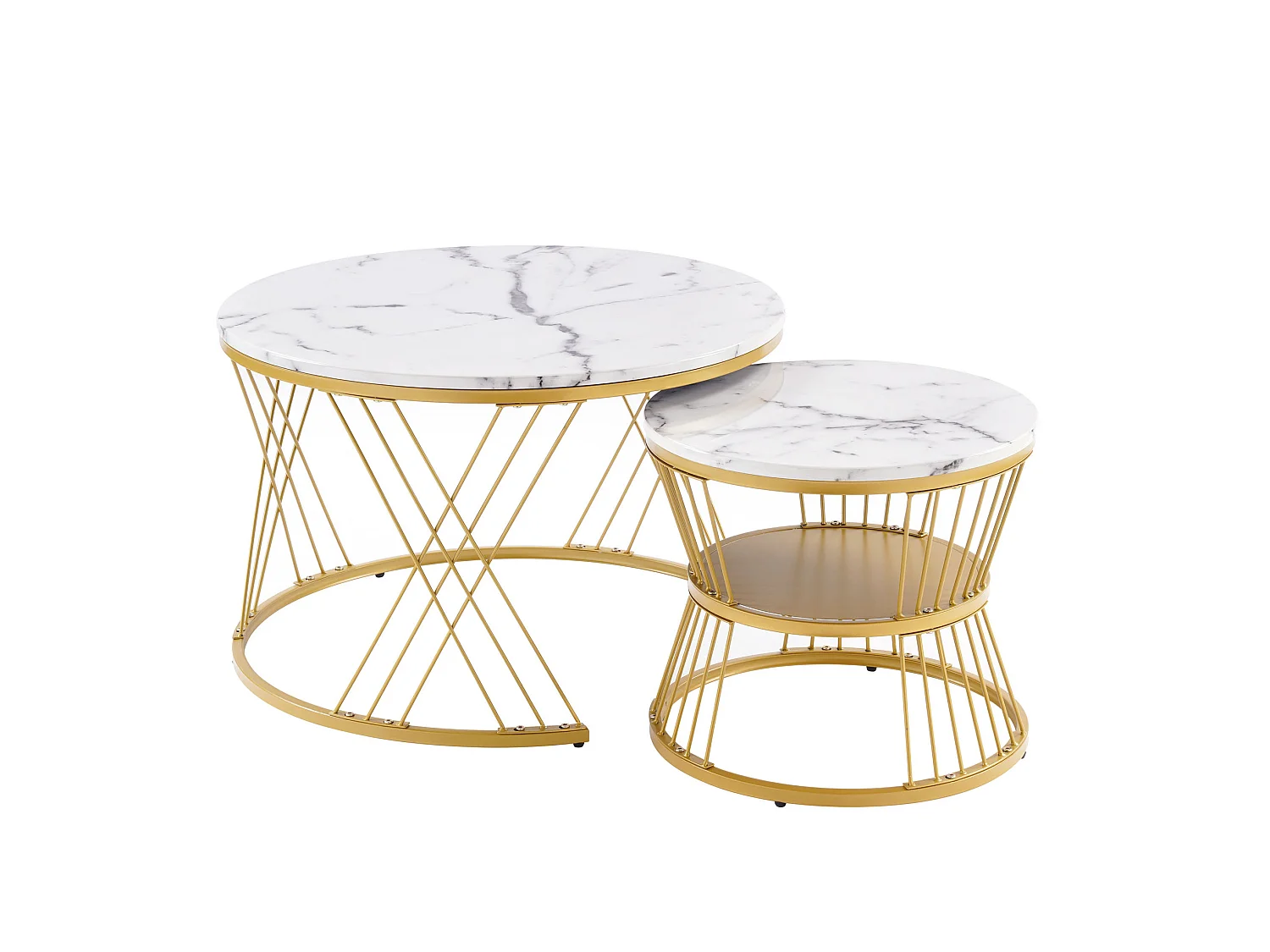 Table basse gigogne 70/70/47 cm et 45/45/40 cm avec aspect marbre blanc et cadre doré Ensemble 2 pièces