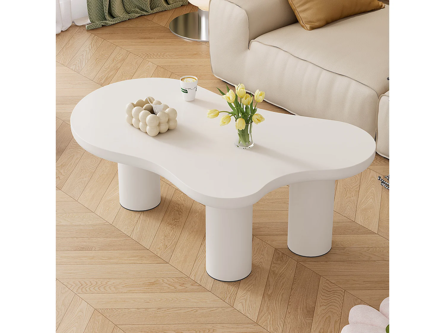 Table basse 107/66/40.5 cm avec design nuage et patins feutre MDF blanc