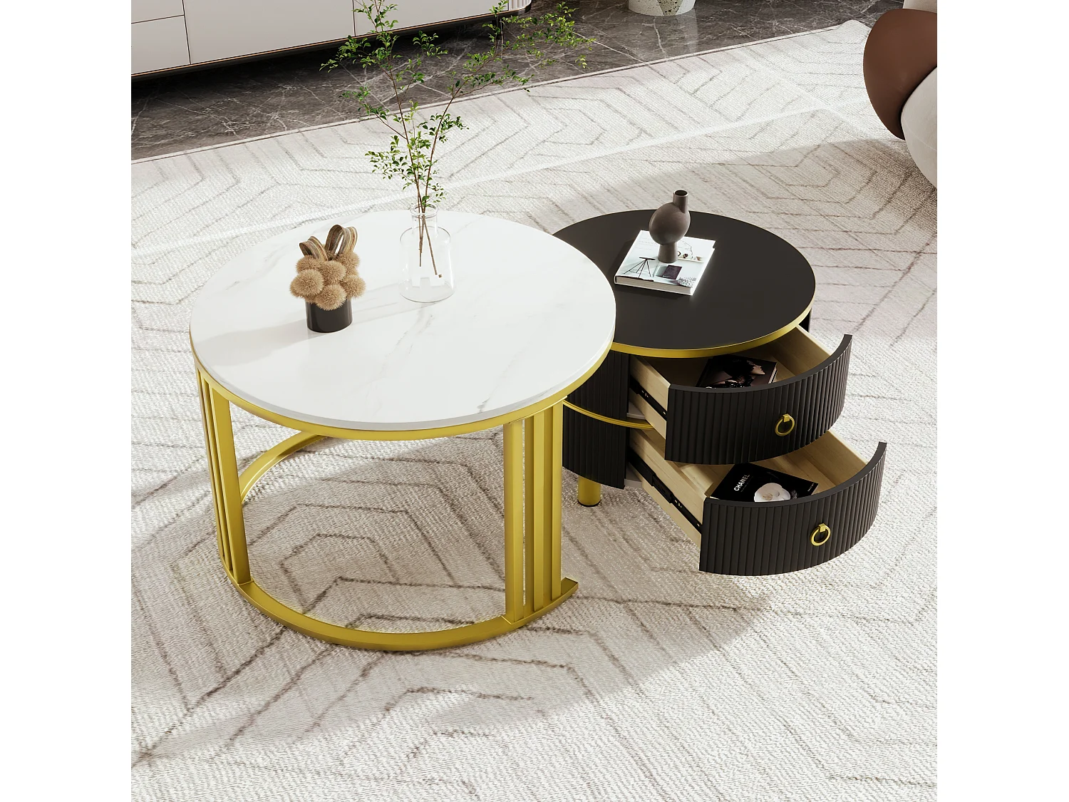 Table basse 70/70/46 cm avec 2 tiroirs et 50/50/40 cm avec 2 tiroirs MDF noir Ensemble 2 pièces