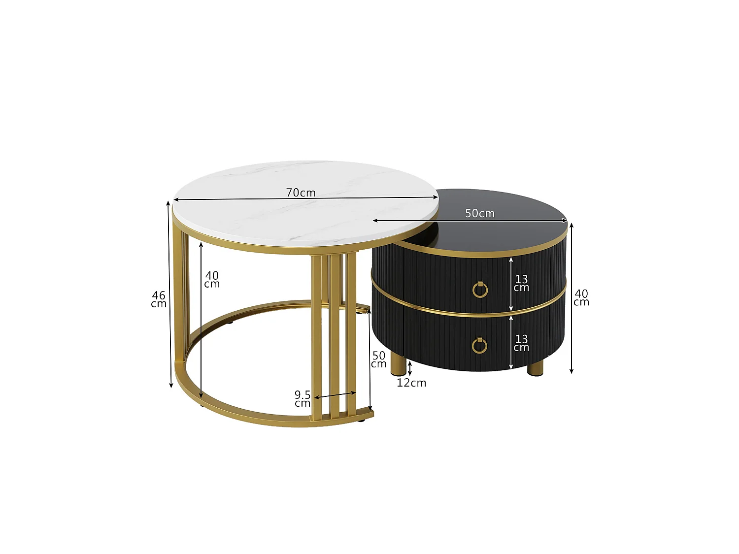 Table basse 70/70/46 cm avec 2 tiroirs et 50/50/40 cm avec 2 tiroirs MDF noir Ensemble 2 pièces