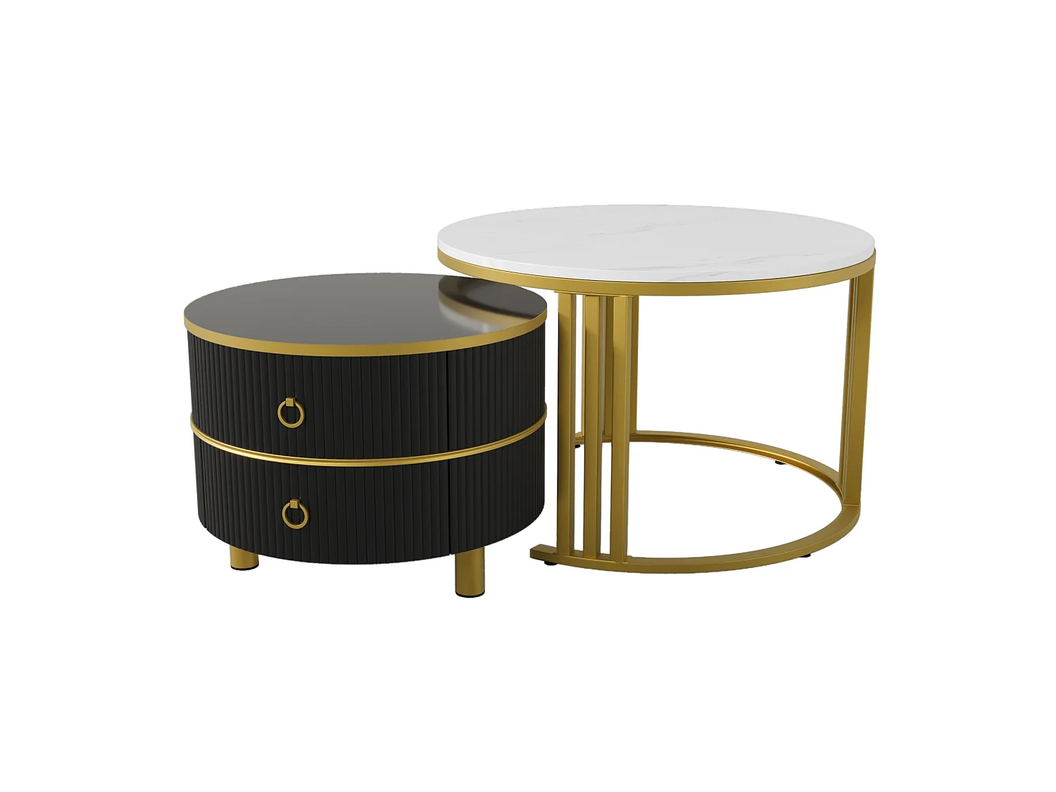 Table basse 70/70/46 cm avec 2 tiroirs et 50/50/40 cm avec 2 tiroirs MDF noir Ensemble 2 pièces