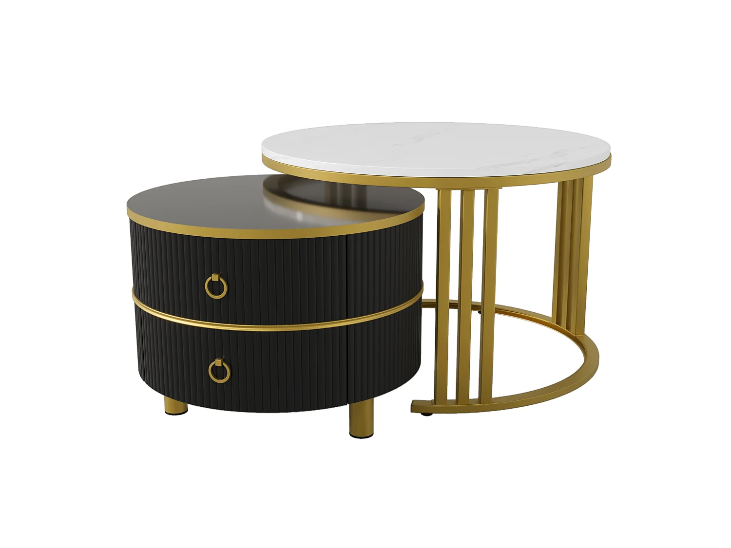 Table basse 70/70/46 cm avec 2 tiroirs et 50/50/40 cm avec 2 tiroirs MDF noir Ensemble 2 pièces