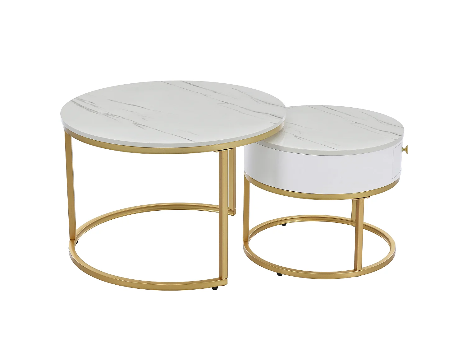 Set de 2 mesas de centro redondas de MDF blanco brillante con efecto mármol, 70 y 50 cm, encajables