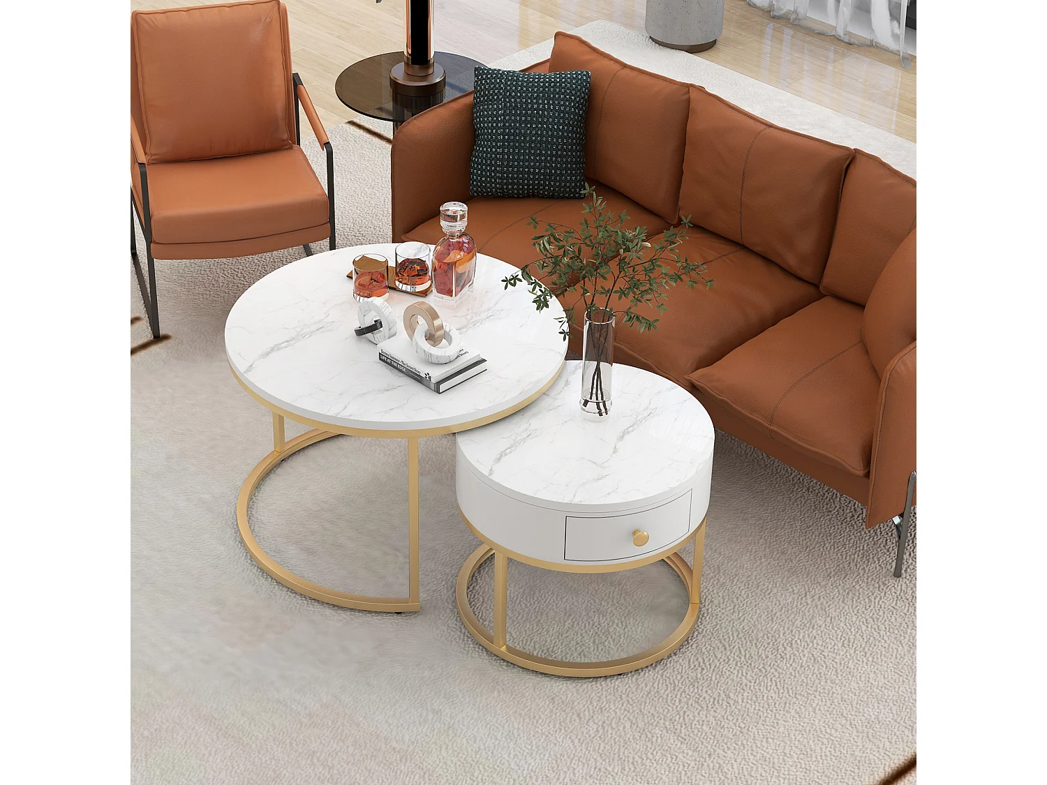 Set de 2 mesas de centro redondas de MDF blanco brillante con efecto mármol, 70 y 50 cm, encajables