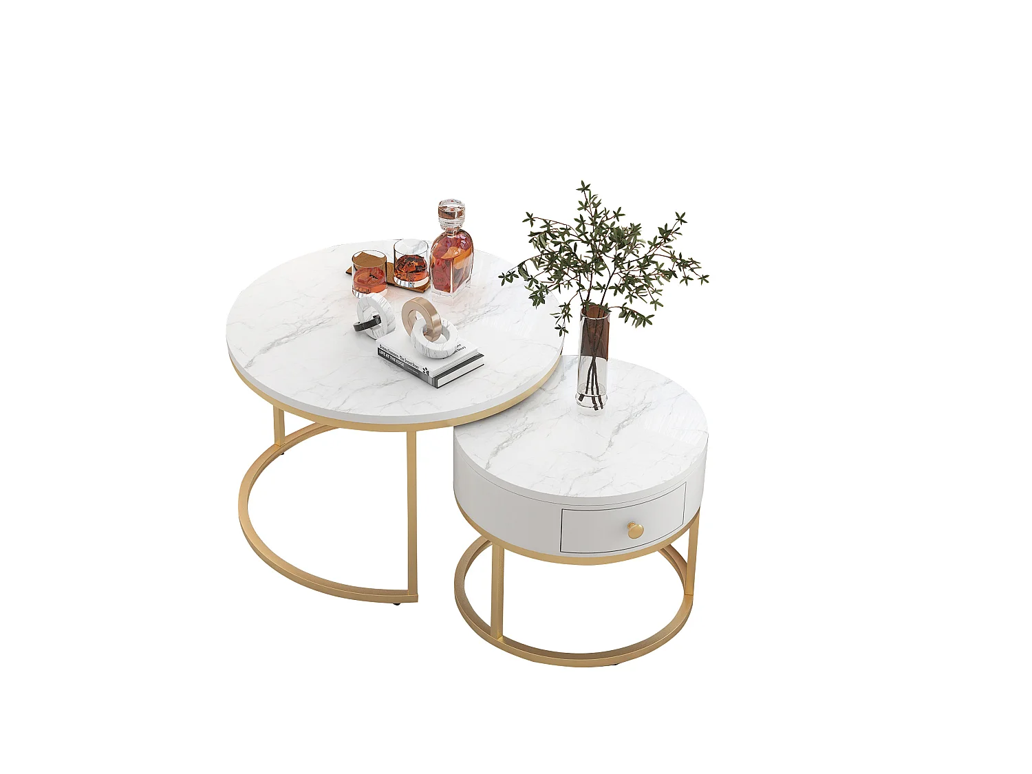Set de 2 mesas de centro redondas de MDF blanco brillante con efecto mármol, 70 y 50 cm, encajables