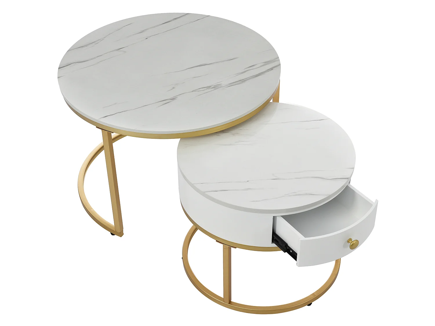 Set de 2 mesas de centro redondas de MDF blanco brillante con efecto mármol, 70 y 50 cm, encajables