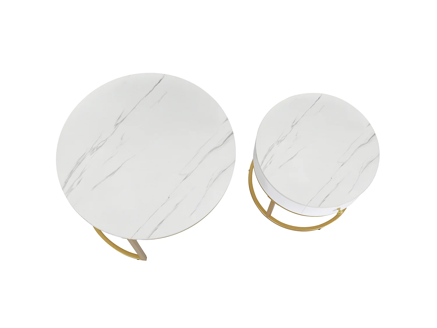 Set de 2 mesas de centro redondas de MDF blanco brillante con efecto mármol, 70 y 50 cm, encajables
