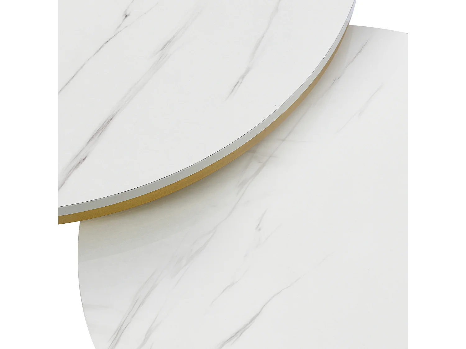 Set de 2 mesas de centro redondas de MDF blanco brillante con efecto mármol, 70 y 50 cm, encajables