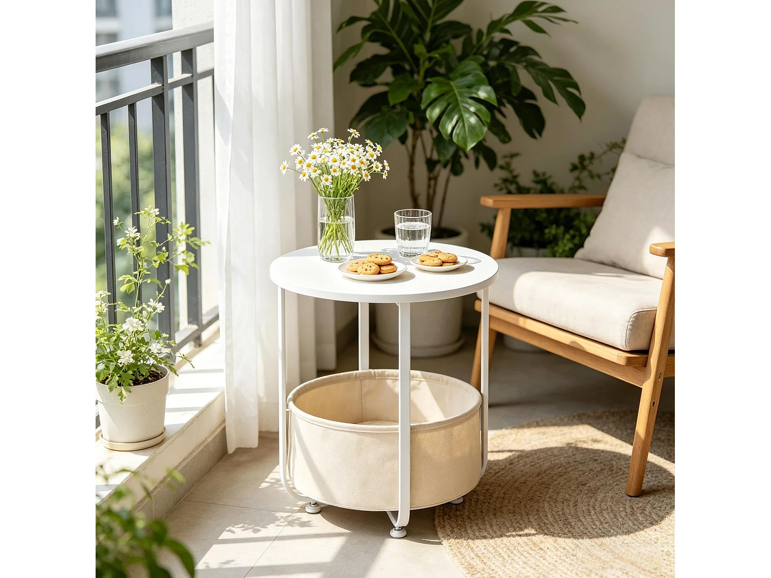 Table d'appoint ronde 45/45/50 cm avec rangement Toile métal blanc