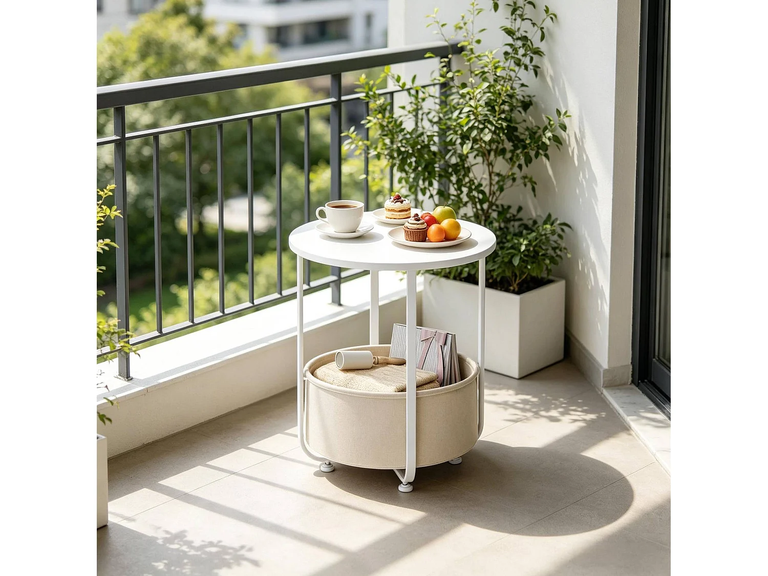 Table d'appoint ronde 45/45/50 cm avec rangement Toile métal blanc