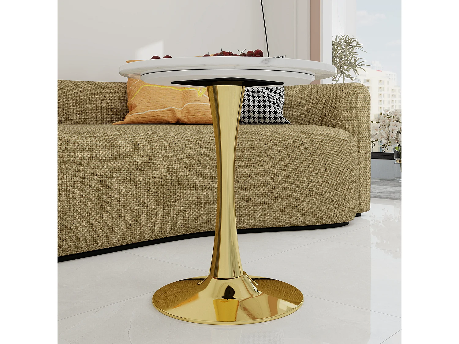 Table basse ronde 70.1 cm avec plateau en marbre artificiel Doré blanc