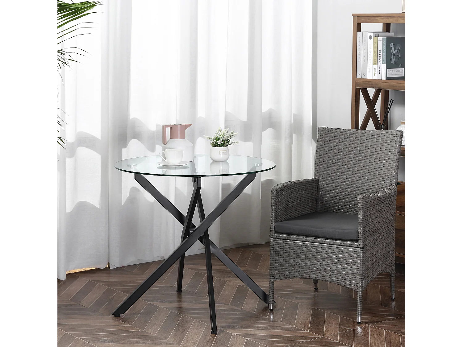 Table basse ronde 80/80/75 cm avec verre trempé et pieds réglables Noir