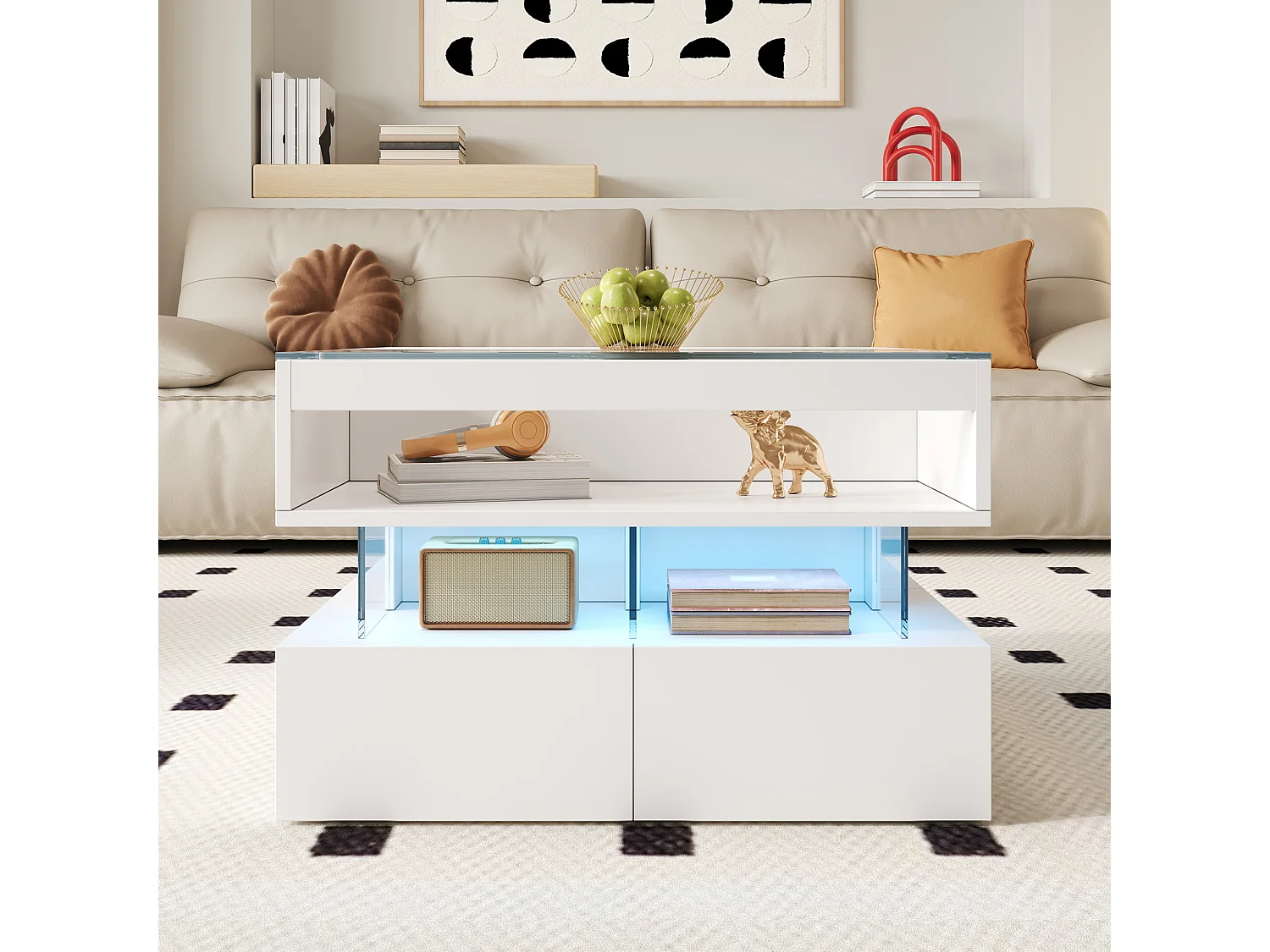 Table basse relevable 70/67/57 cm avec éclairage LED 16 couleurs et rangements Blanc