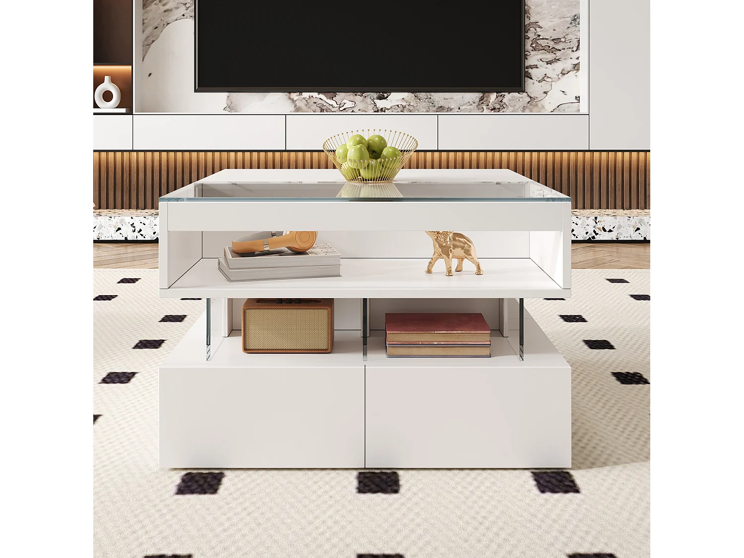 Table basse relevable 70/67/57 cm avec éclairage LED 16 couleurs et rangements Blanc