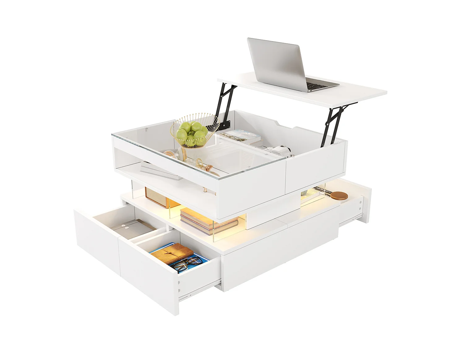Table basse relevable 70/67/57 cm avec éclairage LED 16 couleurs et rangements Blanc