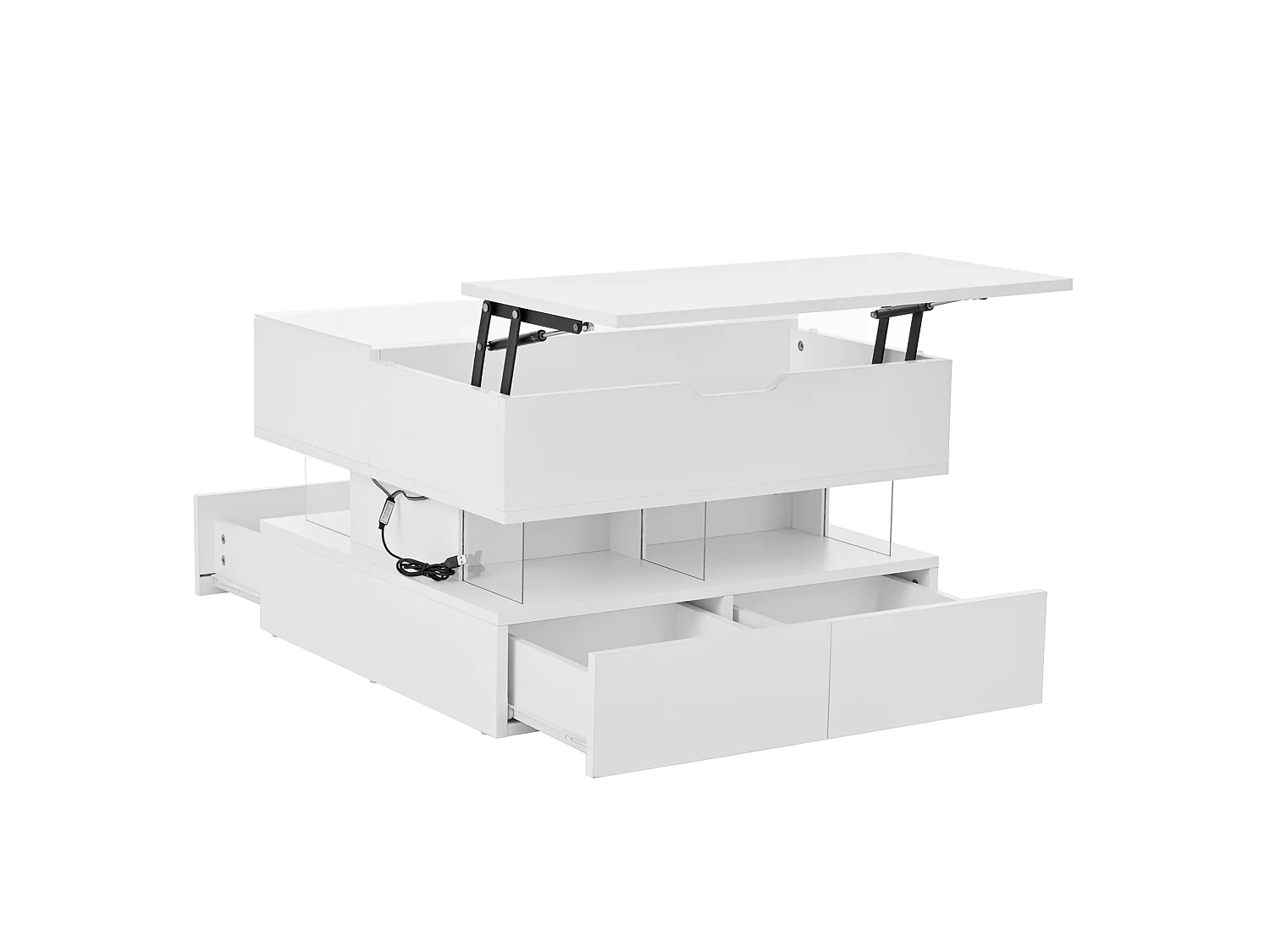 Table basse relevable 70/67/57 cm avec éclairage LED 16 couleurs et rangements Blanc