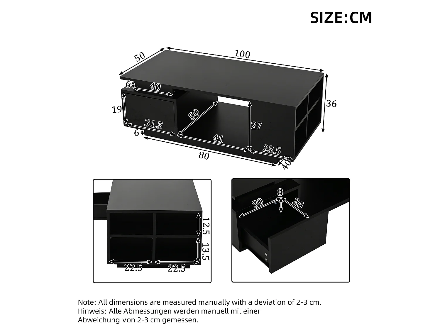 Tavolino da salotto in truciolare nero lucido 100 x 50 x 36 cm con cassetto, vani portaoggetti e LED