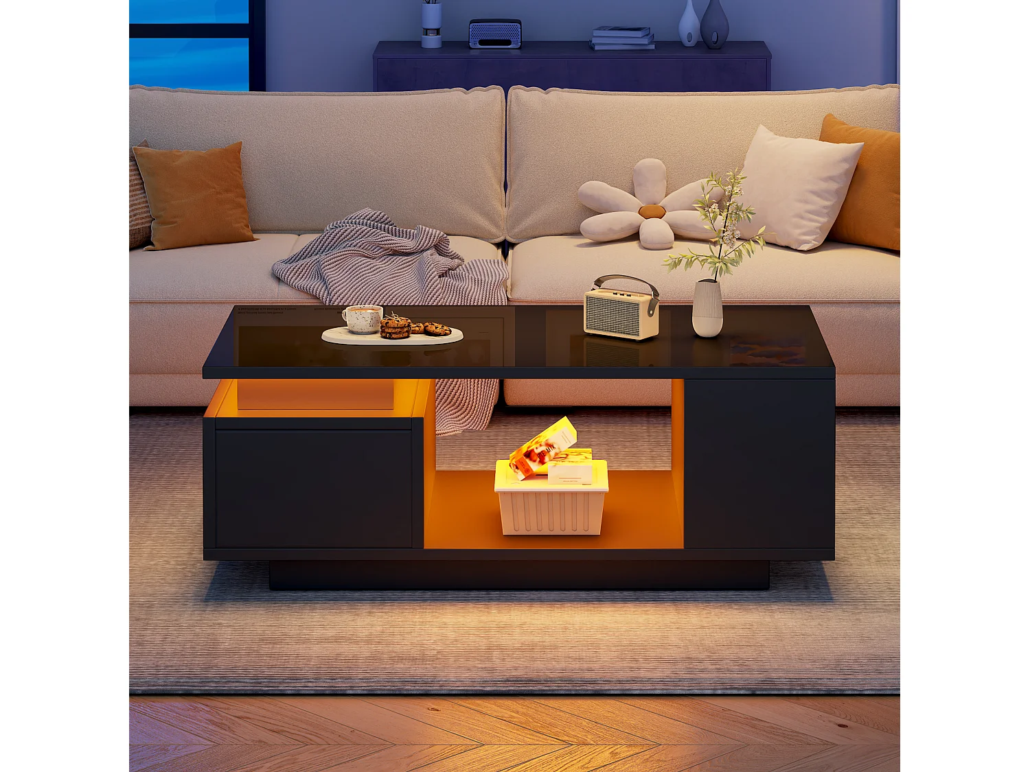 Tavolino da salotto in truciolare nero lucido 100 x 50 x 36 cm con cassetto, vani portaoggetti e LED