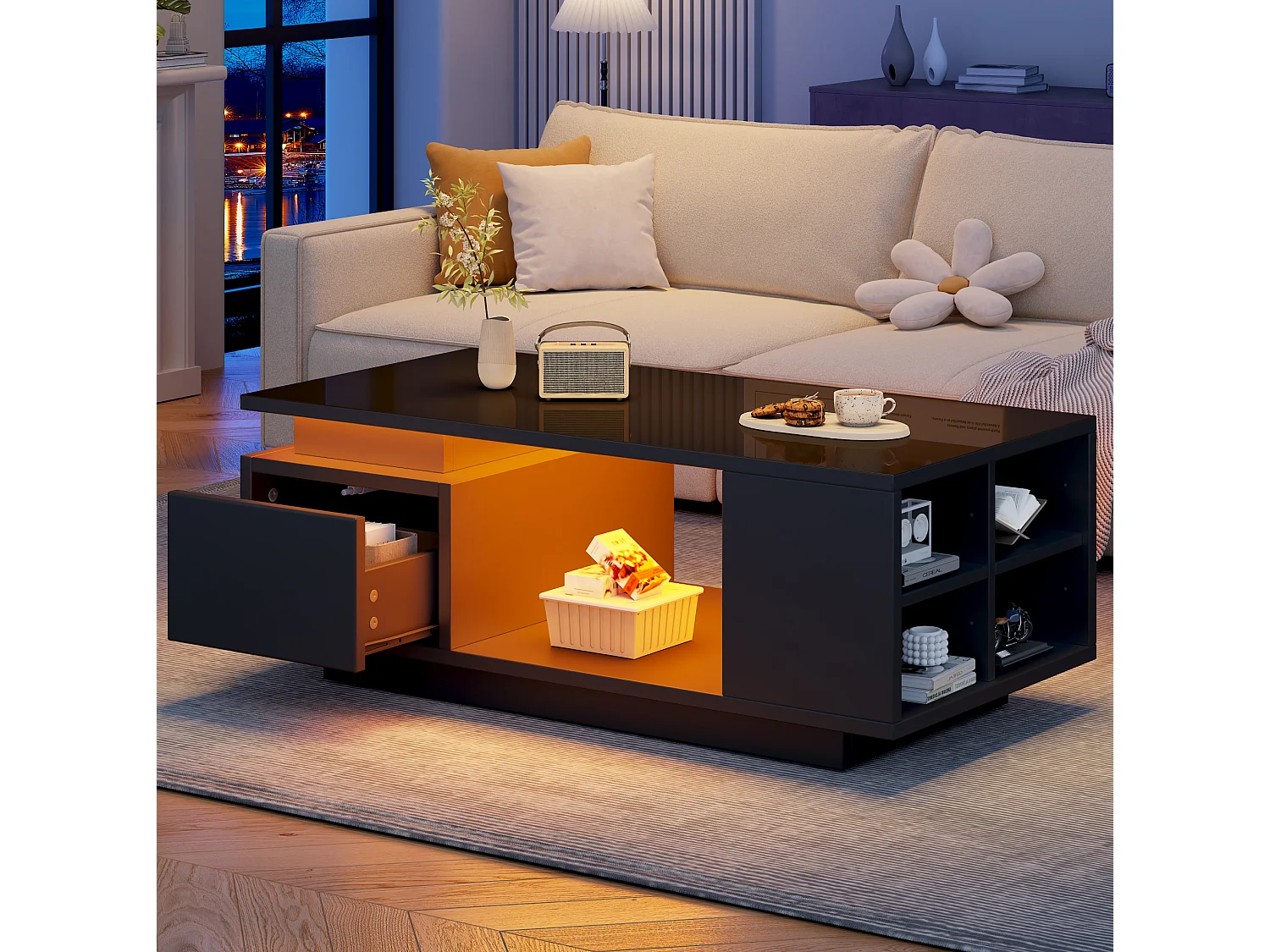 Tavolino da salotto in truciolare nero lucido 100 x 50 x 36 cm con cassetto, vani portaoggetti e LED