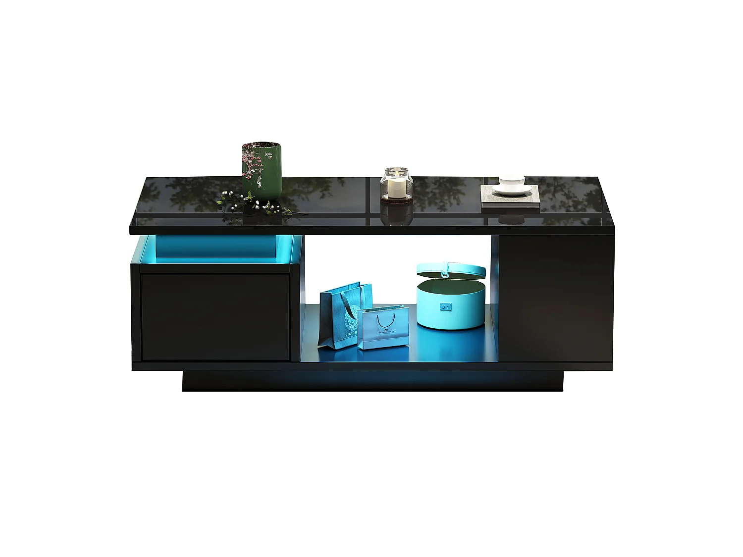 Tavolino da salotto in truciolare nero lucido 100 x 50 x 36 cm con cassetto, vani portaoggetti e LED
