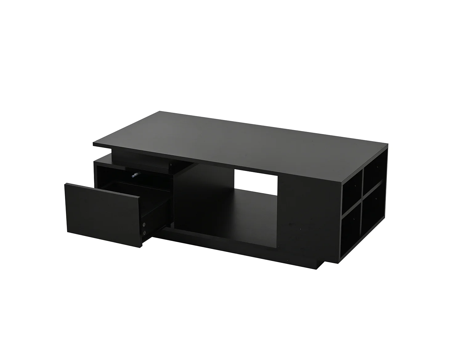 Tavolino da salotto in truciolare nero lucido 100 x 50 x 36 cm con cassetto, vani portaoggetti e LED