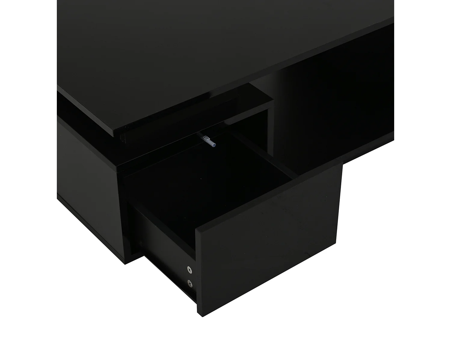 Tavolino da salotto in truciolare nero lucido 100 x 50 x 36 cm con cassetto, vani portaoggetti e LED