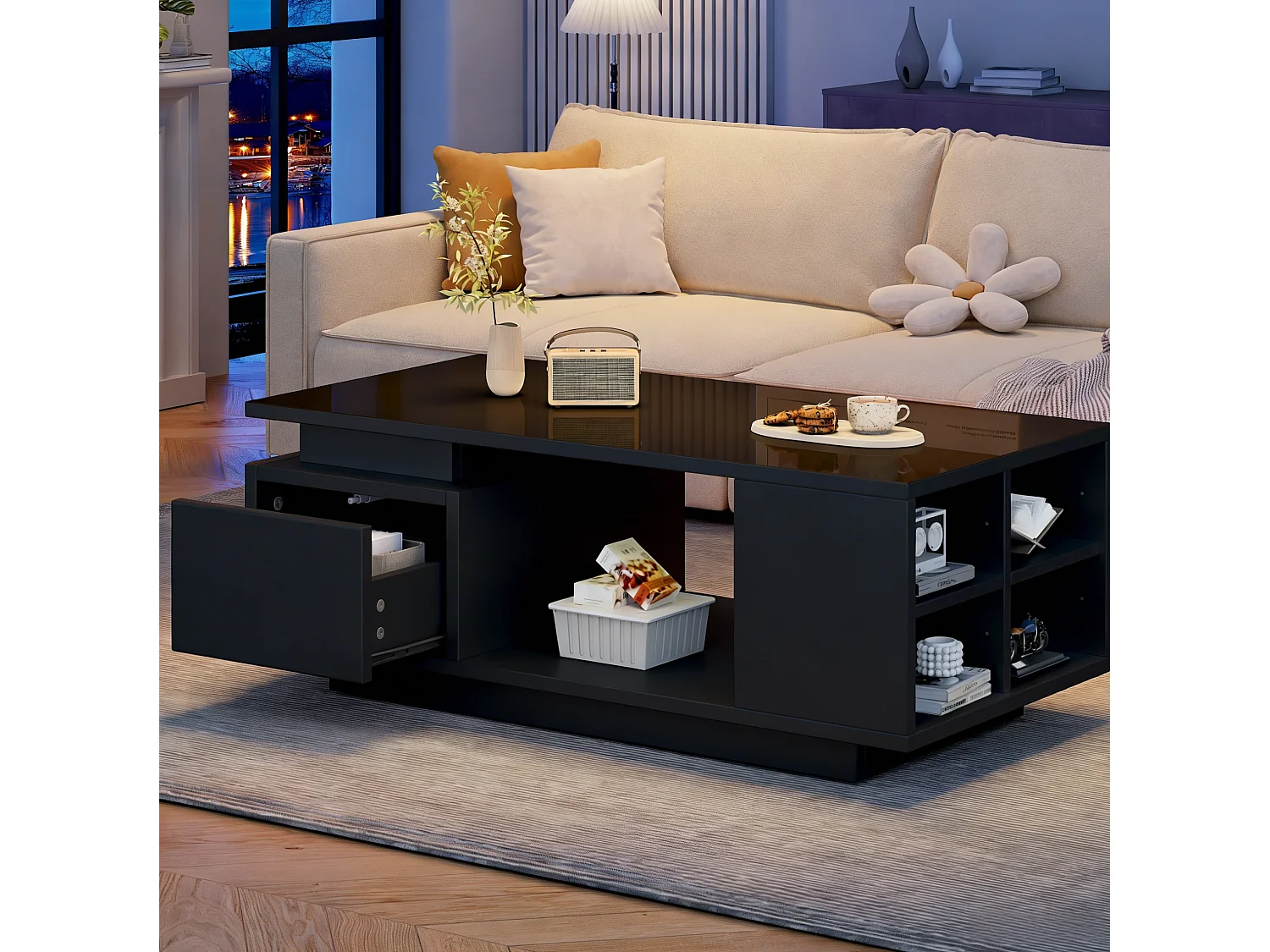 Tavolino da salotto in truciolare nero lucido 100 x 50 x 36 cm con cassetto, vani portaoggetti e LED