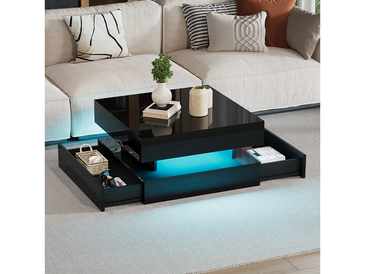 Tavolino da salotto in pannelli di particelle nero 65 x 65 cm con piano sollevabile, 2 cassetti e LED