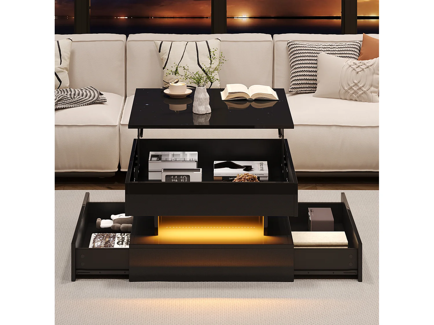 Tavolino da salotto in pannelli di particelle nero 65 x 65 cm con piano sollevabile, 2 cassetti e LED