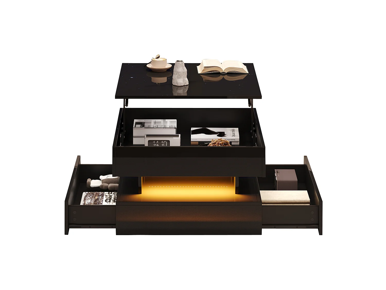 Tavolino da salotto in pannelli di particelle nero 65 x 65 cm con piano sollevabile, 2 cassetti e LED